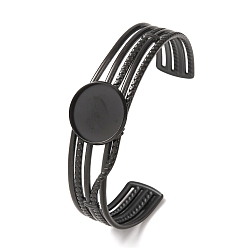 Black 304 Stainless Steel Multi-strand Cuff Bracelet Blanks with Flat Round Bezel Settings, Ion Plating(IP), Long-Lasting Plated, Black, Tray: 18mm, Inner Diameter: 2.11x2.40 inch(5.35x6.1cm)