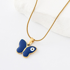 Azul 304 Collares con colgante de mariposa y ojo turco de acero inoxidable esmaltado para hombres y mujeres, dorado, azul, 15.75 pulgada (40 cm)