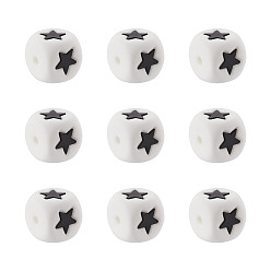 Черный Пищевые экологически чистые силиконовые бусины, куб со звездой, белые, чёрные, 12x12x12 мм, отверстие : 3 мм