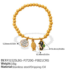 Fish 304 Bracelets extensibles ronds à perles en acier inoxydable émaillé avec breloques pour femmes, or, colorées, poisson, 7.48 pouce (19 cm)