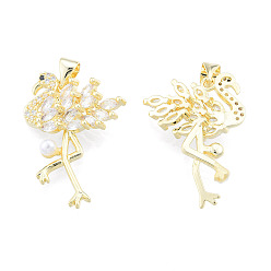 Clear Brass Micro Pave Cubic Zirconia Pendants, with ABS Plastic Imitation Pearl, Real 18K Gold Plated, Nickel Free, Flamingo, Clear, 25.5x17.5x5mm, Hole: 3x4mm