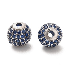 Dark Blue Rhodium Plated 925 Sterling Silver Micro Pave Cubic Zirconia Beads, Round, Real Platinum Plated, Dark Blue, 10x9mm, Hole: 2.2mm