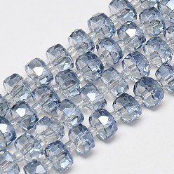 Light Steel Blue Electroplate Glass Beads Strands, Rainbow Plated, Faceted, Flat Round, Light Steel Blue, 7~8x5mm, Hole: 1mm, about 80pcs/strand, 21.26 inch