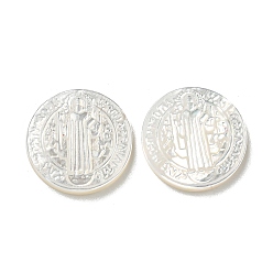 Кремово-белый Резные кабошоны из натуральной белой ракушки, плоско-круглые, кремово-белые, 15x2~3 мм