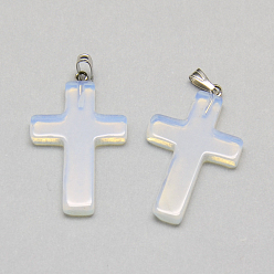 Platinum Opalite Pendants, with Iron Findings, Cross, Platinum, 33x20x3~4mm, Hole: 5x2mm
