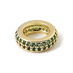 Green Brass Micro Pave Cubic Zirconia Beads, Flat Round, Large Hole Beads, Rack Plating, Long-Lasting Plated, Lead Free & Cadmium Free, Real 18K Gold Plated, Green, 12.5x3.8mm, Hole: 7.5mm