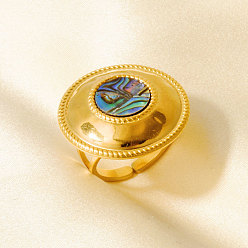 Настоящее золото 18K 304 Открытые кольца-манжеты из нержавеющей стали с натуральными ракушками для женщин, круглые, реальный 18 k позолоченный, 25 мм, внутренний диаметр: 17 мм