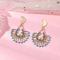 Золотой Серьги-гвоздики из витого стеклянного бисера с подвесками, с 201 соединительными кольцами из нержавеющей стали и латунной фурнитурой, бусины из натурального магнезита, вентилятор, золотые, 50x34 мм