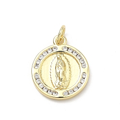 Плоский Круглый Латунные микро проложить кубического циркония подвески, прелести девы марии, стойки покрытие, долговечный, без кадмия и без свинца, реальный 18 k позолоченный, плоско-круглые, 17.5x15x2.5 мм, Перейти кольцо: 5x1 мм, внутренний диаметр: 3 мм