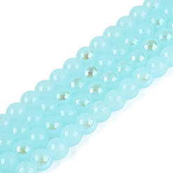 Бледно-бирюзовый Гальванические стекляныне бусины, имитация нефрита, круглые, с покрытием цвета радуги, с половиным покрытием, бледные бирюзовая, 6~6.5 мм, отверстие : 0.8~1 мм, около 67~72 шт / нитка, 14.57~15.35 дюйм (37~39 см)