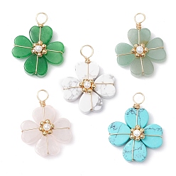 Смешанные камни Подвески из клевера из натуральных и синтетических камней, подвески в виде клевера с медной проволокой, золотые, 28.5x21.5x10 мм, отверстие : 4 мм
