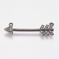 Gunmetal Brass Micro Pave Cubic Zirconia Pendants, Cadmium Free & Lead Free, Arrows, Gunmetal, 7x25x2mm, Hole: 0.8mm