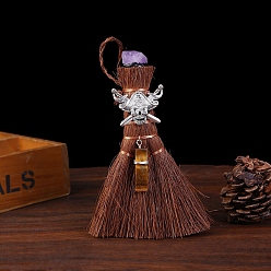 Skull Мини-деревянный кулон с метлой ведьмы викки, украшения, автомобильные подвесные украшения, бусы с аметистом, череп, 150x100 мм