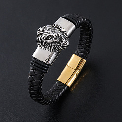 Античный Серебристый & Золотой Браслеты из плетеного шнура из искусственной кожи в стиле панк, 304 Браслеты из нержавеющей стали с подвесками в виде льва для мужчин, с магнитной застежкой, старинное серебро & золотой, 8.66 дюйм (22 см)