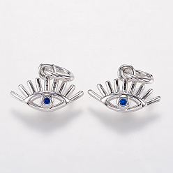 Платина Латунные микро проложить кубического циркония прелести, глаза подвески, синие, платина, 9x13x2 мм, отверстие : 3.5 мм