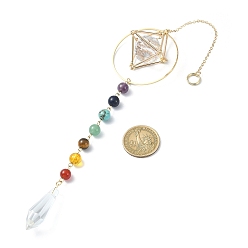 Mixed Stone Natural & Synthetic Mixed Stone Bead & Brass Ring Pendant Decorations, Glass Cone and Brass Empty Stone Holder Pouch Charm, 300mm, Hole: 8mm