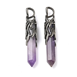 Аметист Подвески из натурального аметиста , граненые подвески-пули с латунными крыльями дракона, античное серебро, 45~47x8.5~9 мм, отверстие : 6~6.5x4~4.5 мм