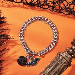 Черный Подвеска в виде летучей мыши из сплава эмали и тыквы из окрашенной синтетической бирюзы на Хэллоуин 304 наборы браслетов из нержавеющей стали, цвет нержавеющей стали, чёрные, 7-3/4 дюйм (19.6 см)