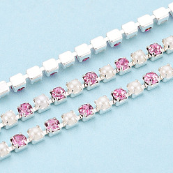 Pink Железо горный хрусталь чашка цепи, с абс пластмассовой имитационной жемчужиной, с катушкой, серебряные, розовые, 2.5x2x2 мм, Около 10 ярдов / рулон