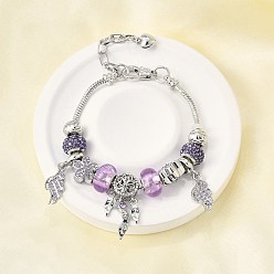 Платина Сплав европейские бусины браслеты с подвесками, браслеты из змеиной цепи для женщин, лист и крыло и цветок, со стразами из смолы и полимерной глины и силиконовыми бусинами, без свинца и без кадмия, платина, 7-1/2 дюйм (19 см)