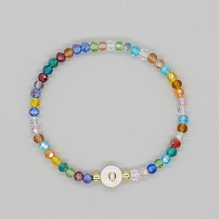 Letter Q Handmade Bohemian Colorful Faceted Rondelle Glass Beaded Stretch Bracelets, Alphabet Natural White Shell Bracelets for Women, Letter Q, Inner Diameter: 2.36 inch(6cm)