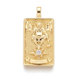 Настоящее золото 18K Латунные микропаве прозрачные подвески с фианитом, реальный 18 k позолоченный, талисманы карт таро, дьявол, дьявол xv, 30x15x4 мм, отверстие : 3~4 мм