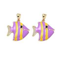 Средняя Орхидея Латунные микропаве прозрачные подвески с фианитом, рыбы прелести, реальный 18 k позолоченный, с эмалью, разноцветные, без кадмия и без свинца, долговечный, стойки покрытие, средне орхидеи, 20x20x3.5 мм, отверстие : 5x3 мм