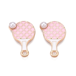 Pink Подвески из эмали и сплава, с ABS имитации жемчуга, без свинца и без кадмия, золотые, ракетка очарование, розовые, 20x13x4 мм, отверстие : 1.8 мм