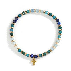 Смешанные камни Винтажные латунные браслеты с крестиками-подвесками, браслеты из натуральных смешанных драгоценных камней с круглыми бусинами для женщин и мужчин, 6.89 дюйм (17.5 см)