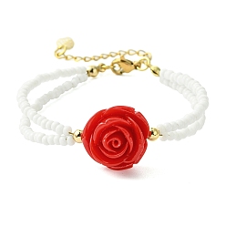 Белый Многорядные браслеты из стеклянных бусин, браслеты с розами из красной смолы, белые, 7-1/4 дюйм (18.5 см)