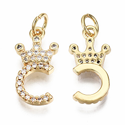 Letter C Brass Micro Pave Clear Cubic Zirconia Pendants, with Jump Ring, Nickel Free, Letter, Golden, 16~17.5x8.5~14x2mm, Jump Ring: 5x0.8mm, Inner Diameter: 3mm