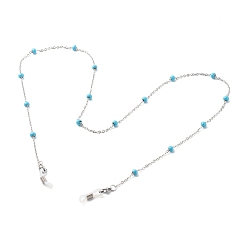 Light Sky Blue 304 Stainless Steel Cable Chain Necklaces, with Enamel Beads, EyeGlass Chains, Stainless Steel Color, Light Sky Blue, 27.95 inch(71cm)
