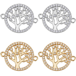 Real Gold Plated & Real Platinum Plated 12шт 2 цвета латунь micro pave фианиты звенья, плоские круглые с дерева жизни, настоящее золото и платина, 15.5x20x2 мм, отверстие : 1 мм, 6 шт / цвет