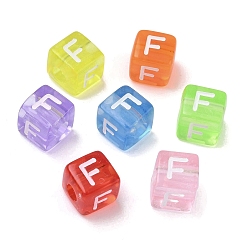 Letter F Прозрачные акриловые бусины, окрашенные спреем, куб с письмом, разноцветные, Буква F, 9.5x9.5x10 мм, отверстие : 3.8 мм, Около 570 шт / 500 г