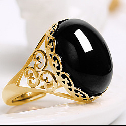 Черный Овальные перстни из натурального халцедона, латунные регулируемые кольца, золотые, чёрные, внутренний диаметр: 17~19 мм