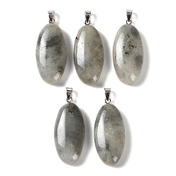 Labradorite Natural Labradorite Pendants, with 304 Stainless Steel Snap on Bails, Oval Charm, 44x20x8mm, Hole: 7x4mm
