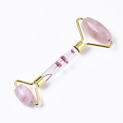 Golden Natural Rose Quartz Massage Tools, Facial Rollers, with K9 Glass & Dried Flower Handle & Zinc Alloy Findings, Golden, 145x57x20.5mm