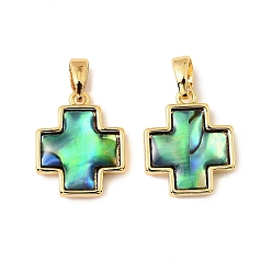 Настоящее золото 18K Подвески-крестики из натуральной ракушки пауа, с латунной, реальный 18 k позолоченный, 15x12.5x4 мм, отверстие : 5x2 мм