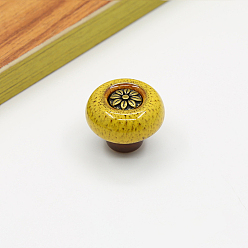 Желтый Дверные ручки шкафа из цинкового сплава, кухонный ящик тянет ручки шкафа, плоский круглый с цветочным и леопардовым принтом, желтые, 32x26 мм