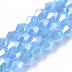 Темно-Голубой Стеклянные бусины с гальваническим покрытием , с покрытием AB цвета, граненые, двухконусные, глубокое синее небо, 7.5~8x7.5~8 мм, отверстие : 1.5 мм, около 38~39 шт / нитка, 28~29 см
