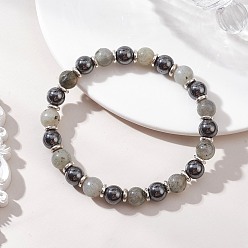 Лабрадорита Немагнитные синтетические гематитовые и натуральные лабрадоритовые бусины, эластичные браслеты для женщин и мужчин, круглые, бусины : 8~8.5 мм, внутренний диаметр: 2.17 дюйм (5.5 см)