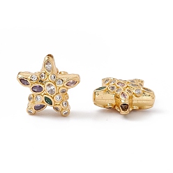 Настоящее золото 18K Стойка покрытие латунь микро паве красочные кубические бусины из циркония, без кадмия, без никеля и без свинца, звезда, реальный 18 k позолоченный, 15x15.5x7 мм, отверстие : 1.6 мм