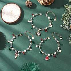 (52) Непрозрачная лаванда 3шт. рождественские браслеты из сплава с эмалью, браслеты из круглых бусин из окрашенного стеклянного жемчуга для женщин, разноцветные, 7-1/4 дюйм (18.3 см) ~ 7-3/8 дюйм (18.7 см)