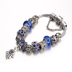 Blue Alloy Glass Bead European Bracelets, with Rhinestones and Brass Chain, Blue, 190mm