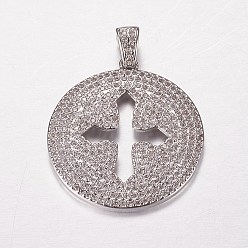 Real Platinum Plated Long-Lasting Plated Brass Micro Pave Cubic Zirconia Pendants, Real Platinum Plated, Flat Round with Cross, 29x26x2mm, Hole: 3x4mm