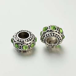 Перидот Старинное серебро сплав цинка горный хрусталь большое отверстие европейского Rondelle шарики, перидот, 10~12x6 мм, отверстие : 4.5 мм