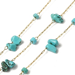 Синтетическая Бирюза Ионное покрытие (ip) 304 цепи для канцелярских скрепок из нержавеющей стали, с синтетическими бирюзовых бус, реальный 18 k позолоченный, чип, пайки, с катушкой, 2.5x1x0.1 мм, около 32.81 футов (10 м) / рулон