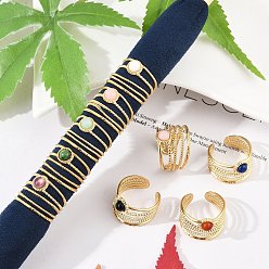 Смешанные камни 304 многослойные открытые манжеты из нержавеющей стали, круглое кольцо с натуральным драгоценным камнем для женщин, реальный 18 k позолоченный, ионное покрытие (ip), 15 мм, регулируемый