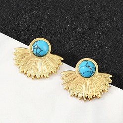 Настоящее золото 18K Вентилятор 304 серьги-гвоздики из нержавеющей стали с синтетической бирюзой для женщин, ионное покрытие (ip), реальный 18 k позолоченный, 21.5x25 мм