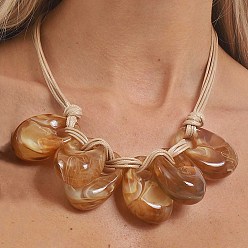 Темный Голубой Женские ожерелья-нагрудники с преувеличенно овальным кулоном из смолы и вощеным шнуром, темные голубые, 16.93 дюйм (43 см)